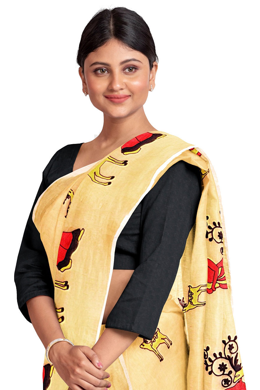 Cream Pure Cotton Urbasi Hand Hand Loom Saree (1118)